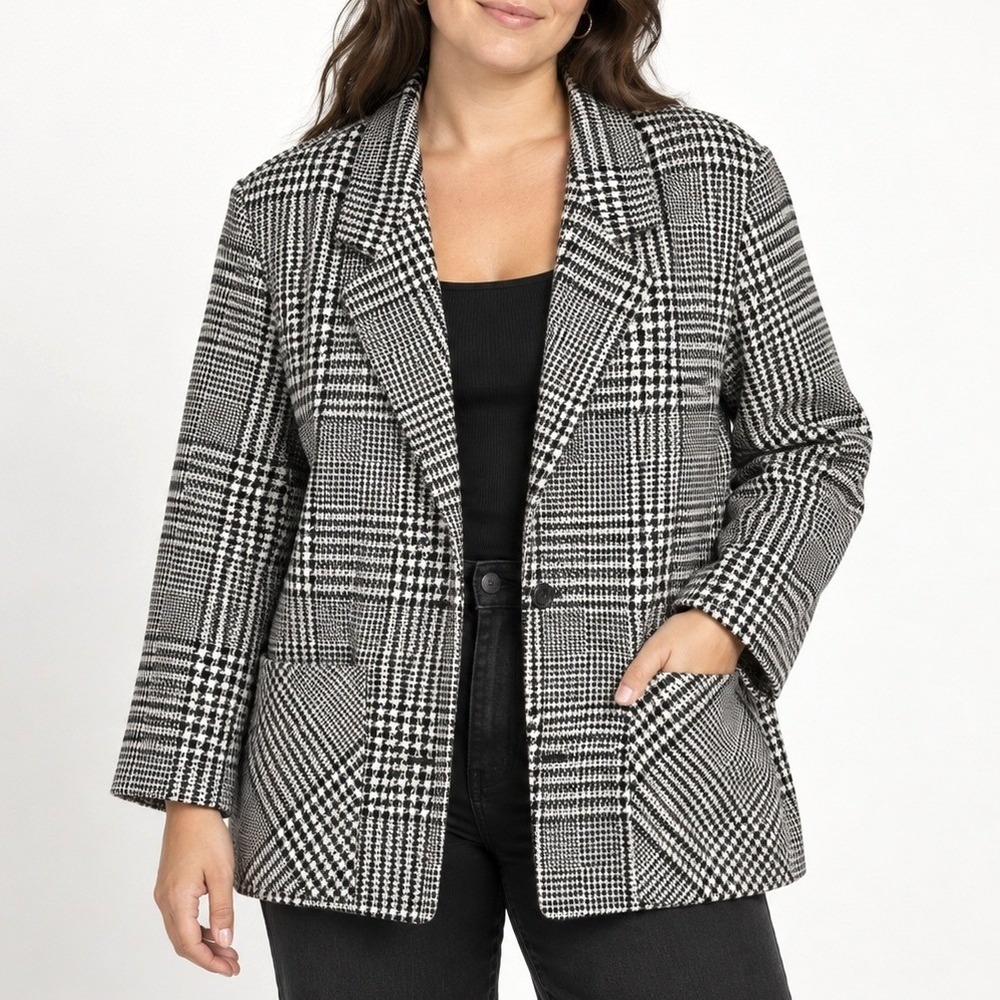 VTG 90s Blair Houndstooth Plaid Oversized Blazer L 38 Black White Dark Academia
